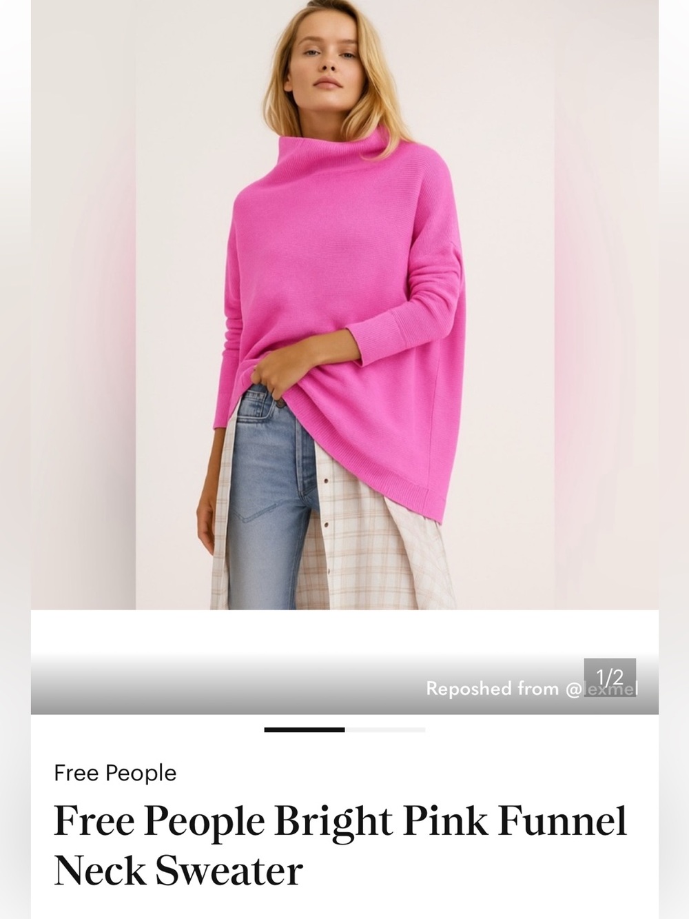 Free People Bright Pink Funnel Neck Sweater